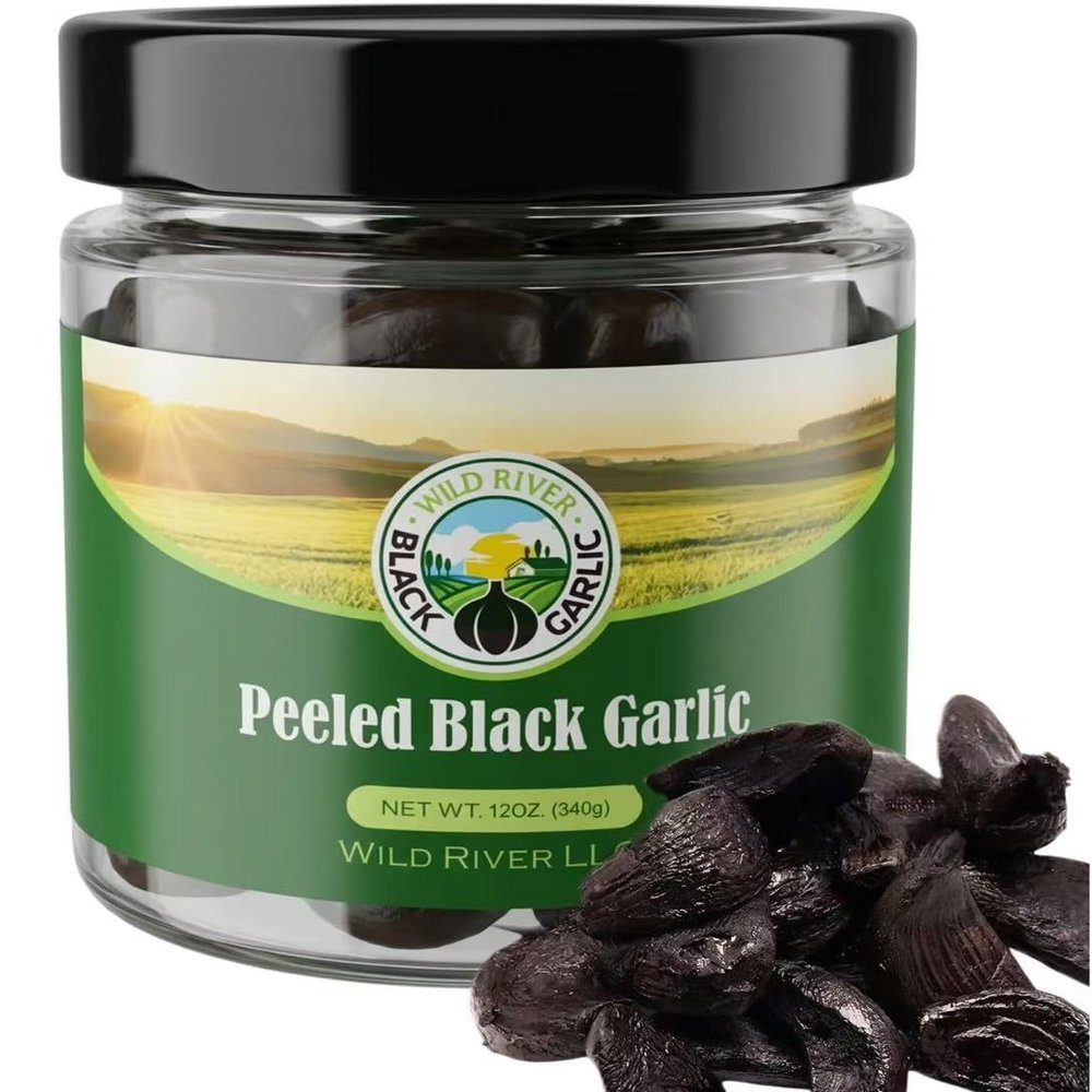 100% American Grown Peeled Black Garlic Cloves, Wild River, Made in USA, 90 Days Naturally Aged Gilroy California Garlic, Vacuum Packed in Glass Bottle, 12 oz