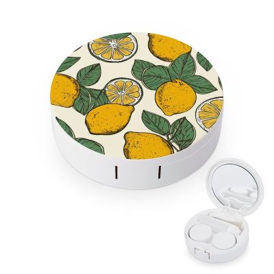 FodPand Lemon Fruit Pattern Contact Lens Case Portable Contact Lens Applicator Removal Tool Kit Cute Round Eyeglass Cases with Mirror for Daily Vision Care And Outdoor Use