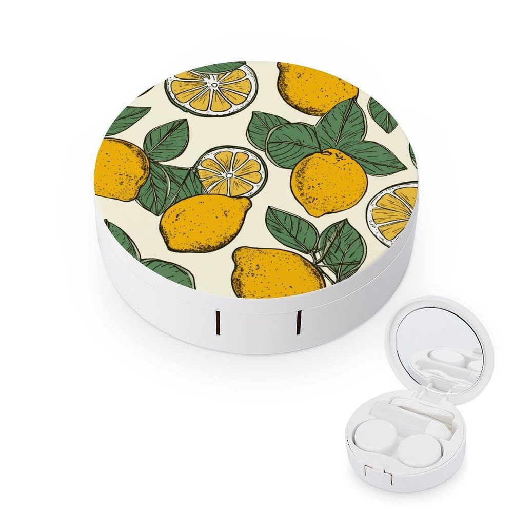 FodPand Lemon Fruit Pattern Contact Lens Case Portable Contact Lens Applicator Removal Tool Kit Cute Round Eyeglass Cases with Mirror for Daily Vision Care And Outdoor Use