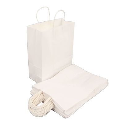 IGENBENFG White Kraft Bags with Handles, Small Kraft Shopping Bags, Durable Premium Kraft Gift Tote for Boutiques Party Favors, 50Pcs Reusable Craft Paper Sacks for Gifts Wrapping (280x280x150mm)