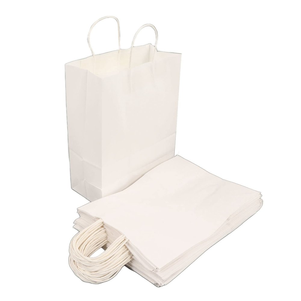 IGENBENFG White Kraft Bags with Handles, Small Kraft Shopping Bags, Durable Premium Kraft Gift Tote for Boutiques Party Favors, 50Pcs Reusable Craft Paper Sacks for Gifts Wrapping (280x280x150mm)
