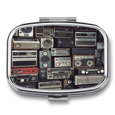 Vintage Wall of Radio Boombox Pill Case Daily Square Small Medicine Case Vitamin Organizer Box 2 Compartments Portable Metal Travel Medicine Box for Vitamins Fish Oils Supplements