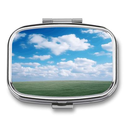 White Clouds Sky Pill Case Daily Square Small Medicine Case Vitamin Organizer Box 2 Compartments Portable Metal Travel Medicine Box for Vitamins Fish Oils Supplements