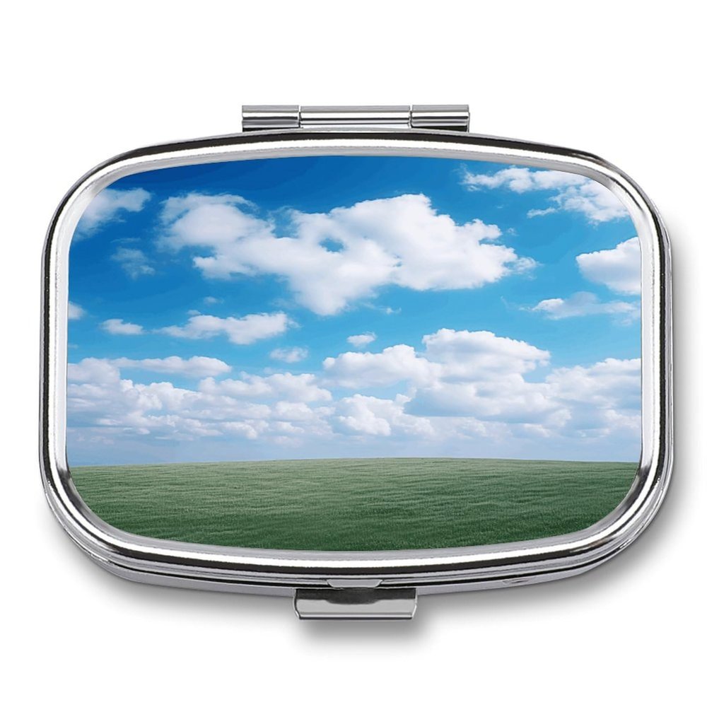 White Clouds Sky Pill Case Daily Square Small Medicine Case Vitamin Organizer Box 2 Compartments Portable Metal Travel Medicine Box for Vitamins Fish Oils Supplements