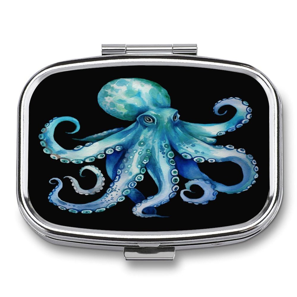 Blue Watercolor Octopus Pill Case Daily Square Small Medicine Case Vitamin Organizer Box 2 Compartments Portable Metal Travel Medicine Box for Vitamins Fish Oils Supplements