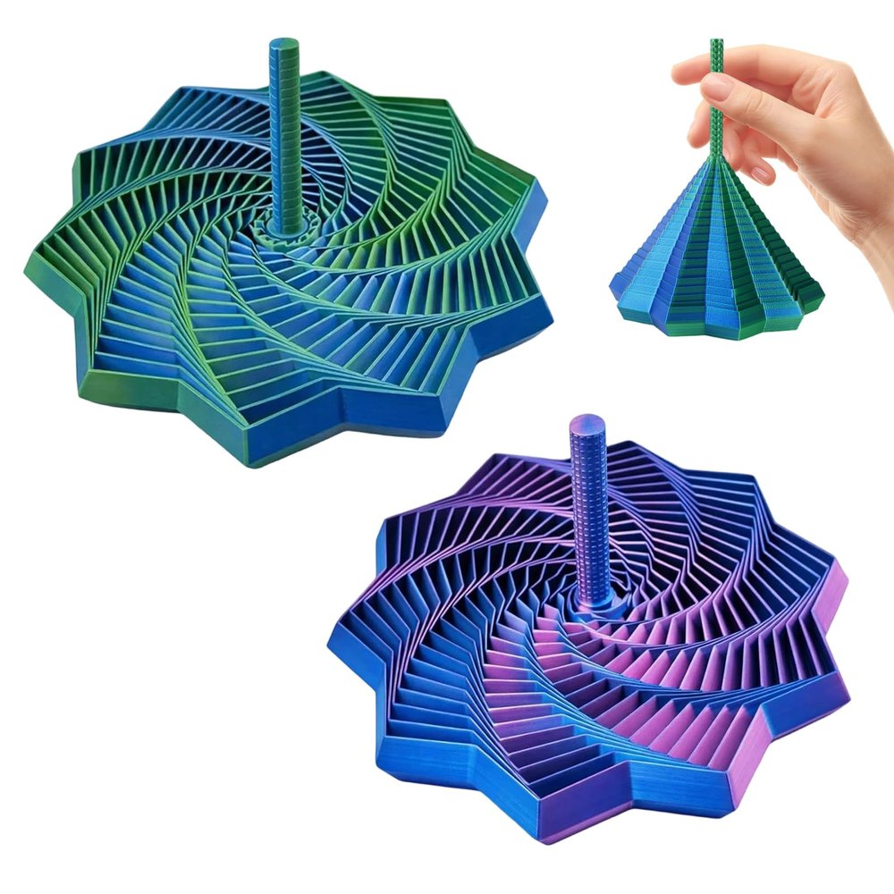 2Pcs 3D Printed Expanded Sensory Fidget Star, Expandable 4.3 Inch Fractal Fidget Hexagon Whirling Spiral Star, Stress-Relief Spinning Tower Toy with Handles (Blue-Purple + Blue-Green)