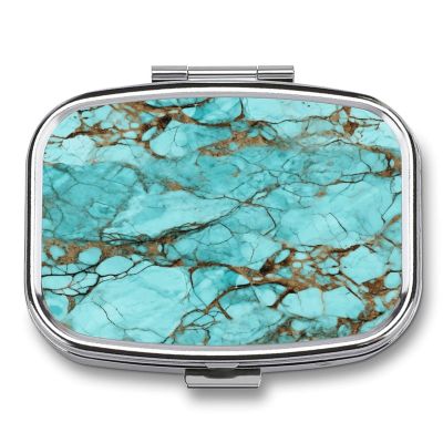 Turquoise Marble Pill Case Daily Square Small Medicine Case Vitamin Organizer Box 2 Compartments Portable Metal Travel Medicine Box for Vitamins Fish Oils Supplements