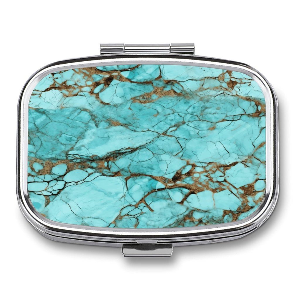 Turquoise Marble Pill Case Daily Square Small Medicine Case Vitamin Organizer Box 2 Compartments Portable Metal Travel Medicine Box for Vitamins Fish Oils Supplements