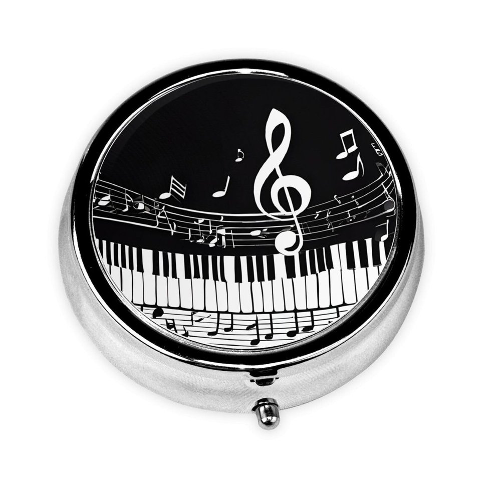 Round Pill Box Case For Purse & Pocket, Black White Music Note Pill Box 3 Compartment Travel Portable Metal Medicine Tablet Multifunctional Pill Case Holder For Vitamins Fish Oil Organizer Unique Gift