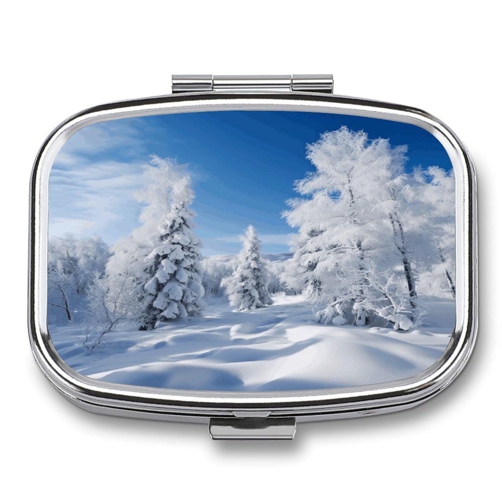 Snow Covered Winter Trees Pill Case Daily Square Small Medicine Case Vitamin Organizer Box 2 Compartments Portable Metal Travel Medicine Box for Vitamins Fish Oils Supplements