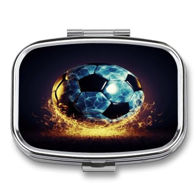 Cool Soccer Ball Pill Case Daily Square Small Medicine Case Vitamin Organizer Box 2 Compartments Portable Metal Travel Medicine Box for Vitamins Fish Oils Supplements