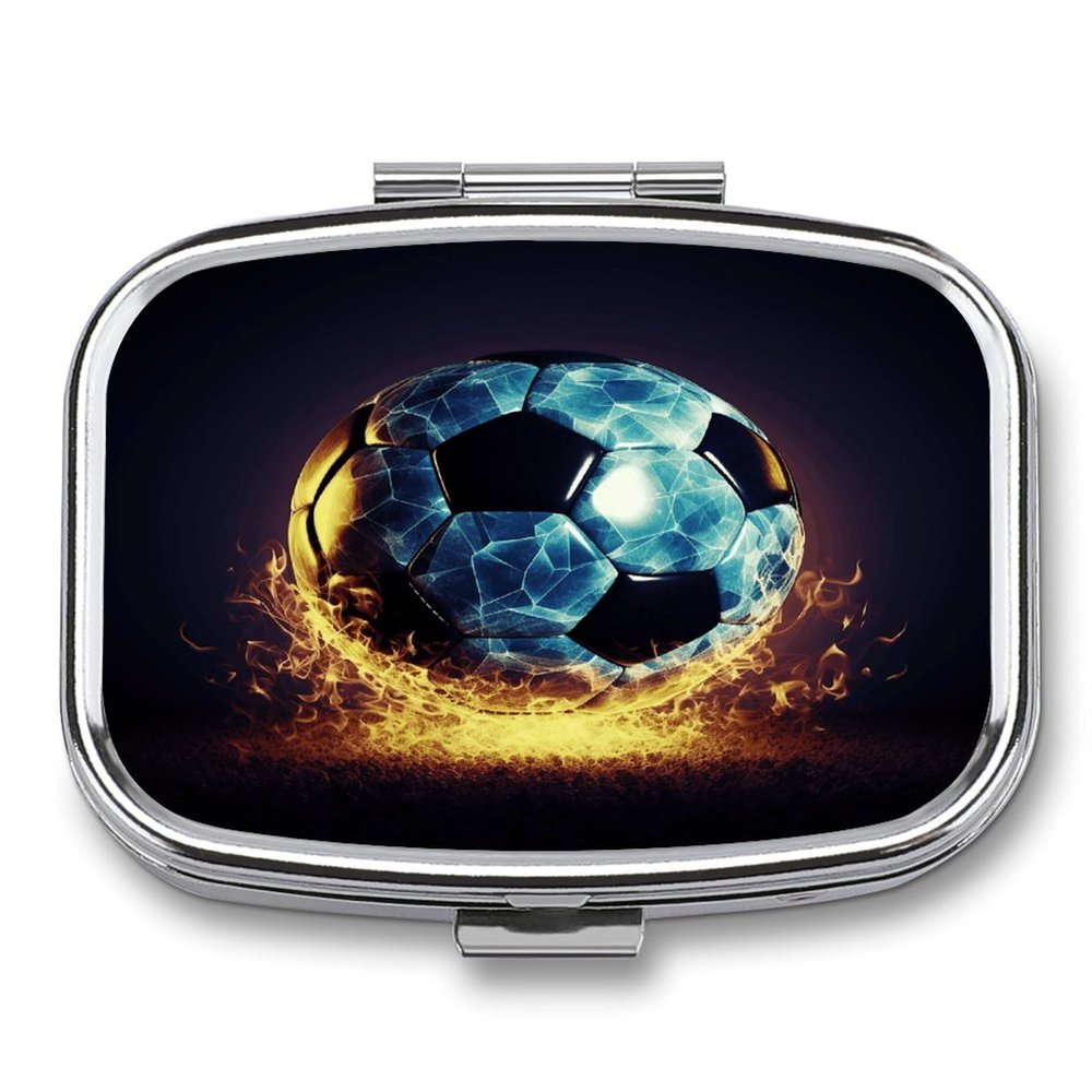 Cool Soccer Ball Pill Case Daily Square Small Medicine Case Vitamin Organizer Box 2 Compartments Portable Metal Travel Medicine Box for Vitamins Fish Oils Supplements