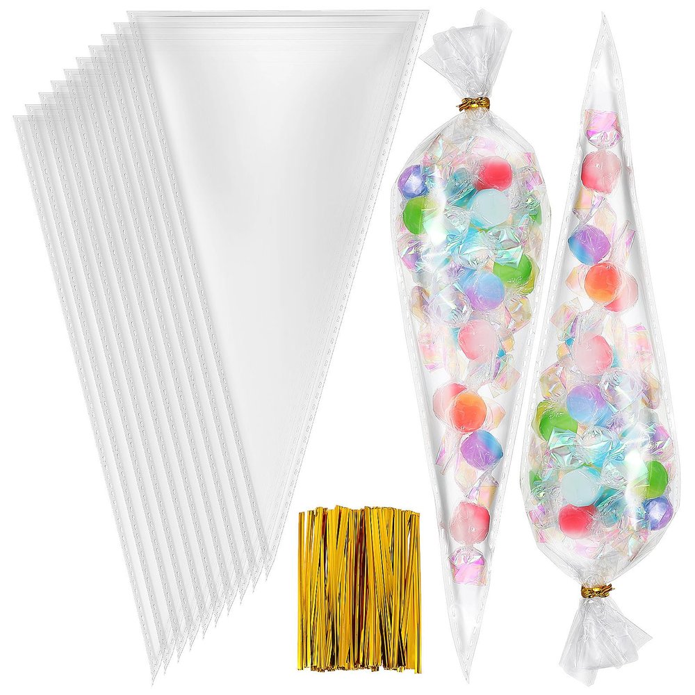 POPETPOP Cone Cellophane Candy Treat Bags 13X25Cm 300pcs with 300 Gold 8Cm Twist Ties Candy Packing Bags for Party, Baking, and Wrapping