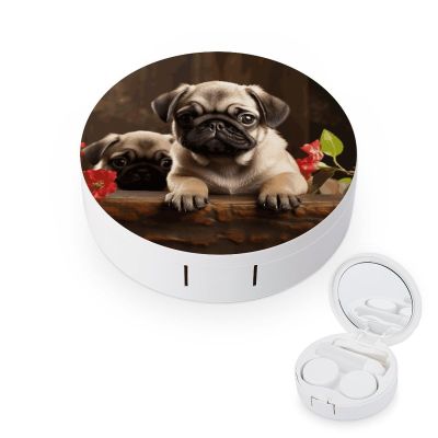 FodPand Puppys Pug Contact Lens Case Portable Contact Lens Applicator Removal Tool Kit Cute Round Eyeglass Cases with Mirror for Daily Vision Care And Outdoor Use