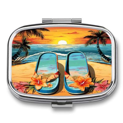 Flip Flops and Tropical Beach Scene Pill Case Daily Square Small Medicine Case Vitamin Organizer Box 2 Compartments Portable Metal Travel Medicine Box for Vitamins Fish Oils Supplements