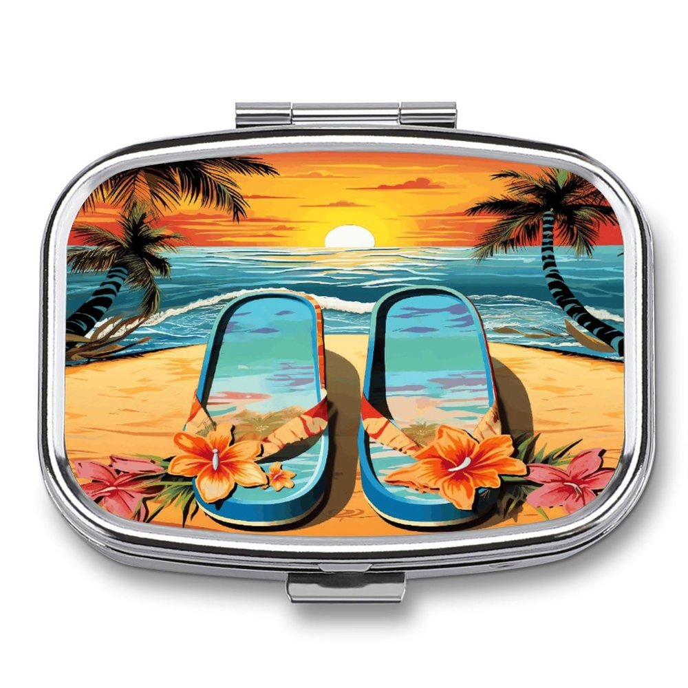 Flip Flops and Tropical Beach Scene Pill Case Daily Square Small Medicine Case Vitamin Organizer Box 2 Compartments Portable Metal Travel Medicine Box for Vitamins Fish Oils Supplements