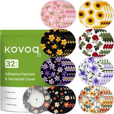 32 Pack Libre 3 & Plus Sensor Covers Waterproof, Kovoq Freestyle Libre 3 Protective Cover Patches with Hardshell, Reduce Compression Lows Shockproof Breathable Sweatproof Up to 14 Days (Yellow Flower)