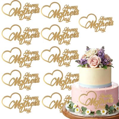 10 PCS Mother's Day Cake Decorative Gold Acrylic love Happy Mother's Day Cupcake Topper for Mother's Day Birthday Dessert DIY Supplies