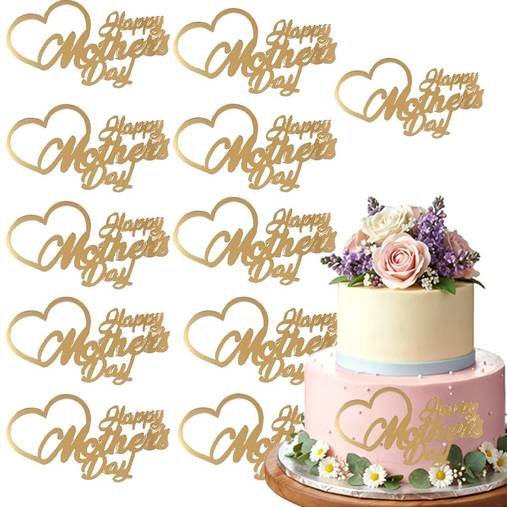10 PCS Mother's Day Cake Decorative Gold Acrylic love Happy Mother's Day Cupcake Topper for Mother's Day Birthday Dessert DIY Supplies