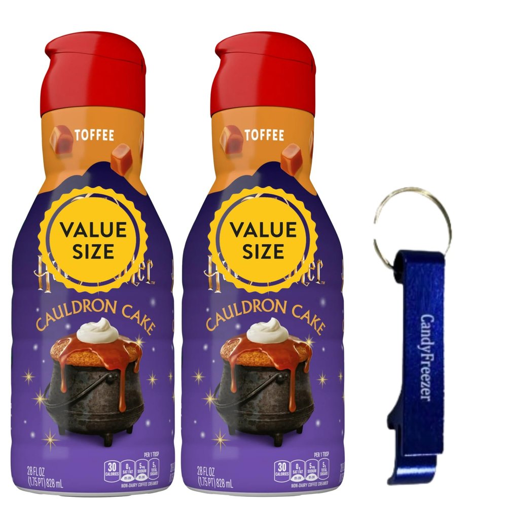 Premium Non-Dairy Liquid Coffee Creamer 28 fl oz (Pack of 2) Bottles of Creamy Smooth Coffee Creamer with Candy Freezer Bottle Opener Keychain (Toffee Flavor) Keychain