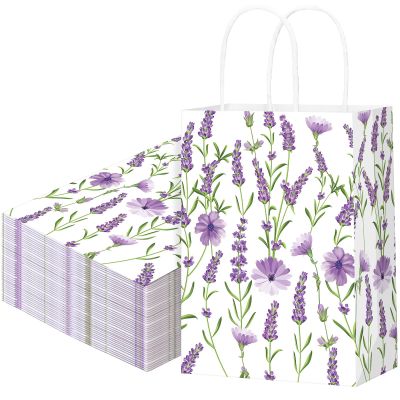 Marspark 24 Pcs Lavender Paper Gift Bags for Birthday Wedding Baby Shower Party Supplies Purple Treat Bag with Handles Candy Goodie Bags for Guests Mothers' Day, Valentine's Day, 8.3'' x 5.9'' x 3.1''