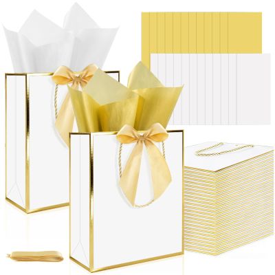 Xihaian 24 Pack Bulk Metallic Paper Gift Bags with Handle Tissue Papers 10.2''x8.6''x3.9'' Thank You Gift Bags with Ribbon for Return Gifts, Wedding, Birthday, Baby Shower, Party Favors (White/Gold)