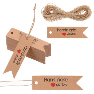 100 PCS Hand Made with Love Tags, Brown Handmade Gift Tags with String, Personalized Handmade with Love Labels for DIY Crafts Candle Tins Wedding Birthday Party Favors