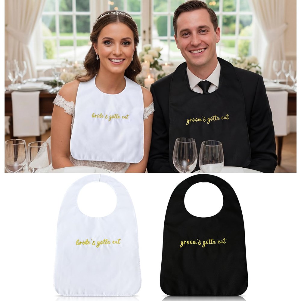 Chicingyou Wedding Adult Bibs for Bride and Groom Gold Embroidered Clothing Protectors Gag Gifts Bibs Washable Bridal Shower Party Supplies for Wedding Party Dining(2 Pcs,Modern)