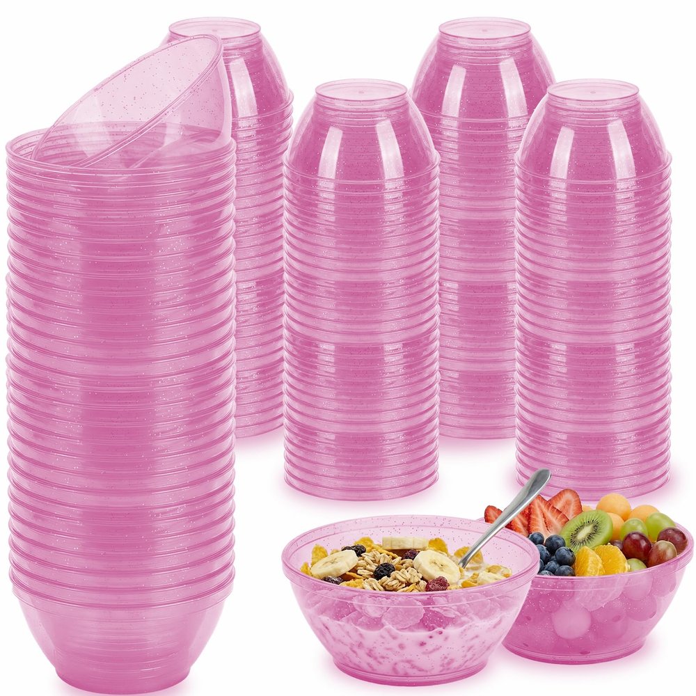 150 Pack 6oz Glitter Pink Disposable Plastic Bowls, Glitter Small Bowls for Ice Cream, Candy, Salsa, Fruit. Great for Mother's Day, Parties, Birthday, Weddings, Baby Showers, Holiday Events (Pink)