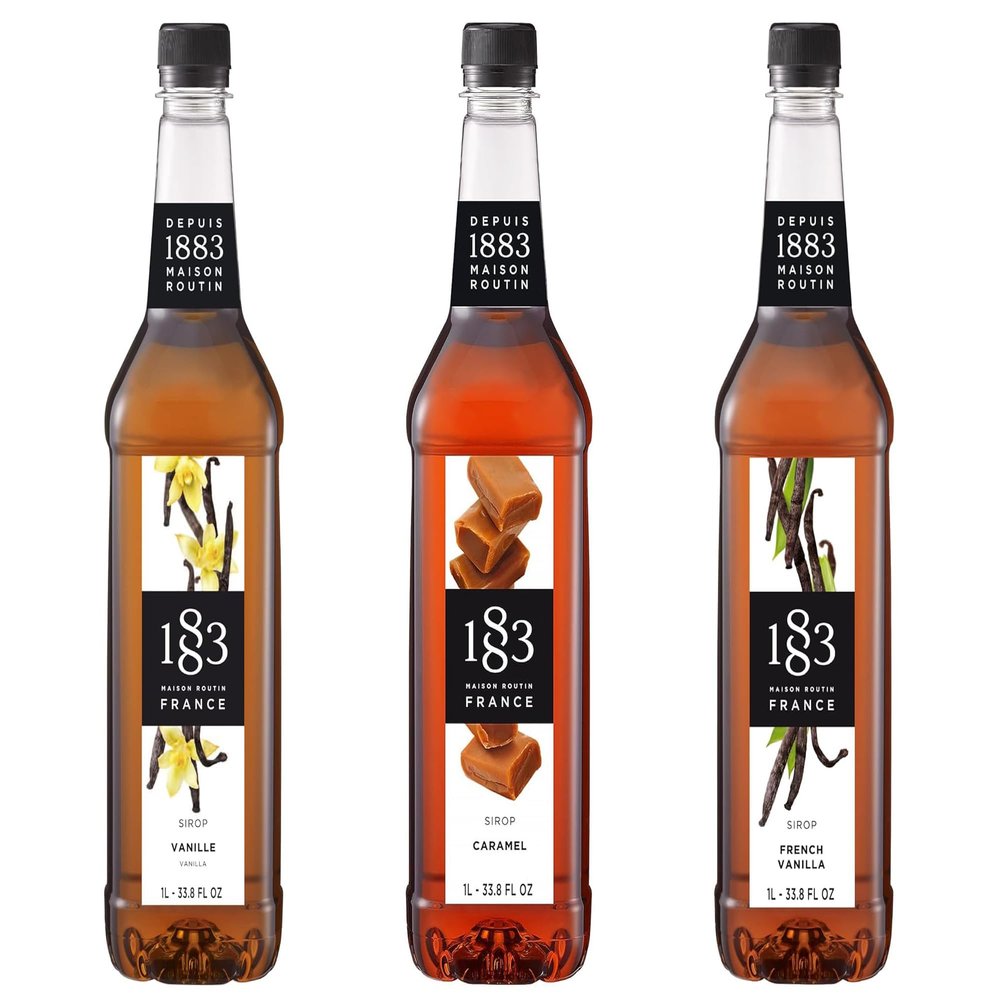 1883 Vanilla, Caramel, French Vanilla Syrups (Caf Variety Pack) for Coffee & Drinks 1 Liter Plastic Bottles (Pack of 3)