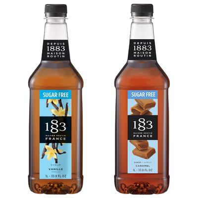 1883 Sugar Free Vanilla & Sugar Free Caramel Syrups (Caf Variety Pack) for Coffee & Drinks 1 Liter Plastic Bottles (Pack of 2)