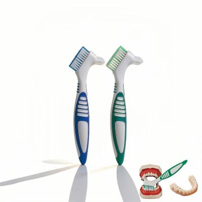 Denture Brush 2-Pack - Dual Head Denture Cleaner with Angled Bristles & Non-Slip Handle | Soft Nylon Brushes for Dentures, Retainers & Night Guards | Denture Care Kit for Seniors (blue/green)