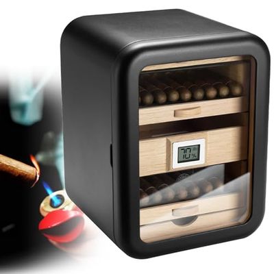 Electric Cigar Humidor Cabinet - Spanish Cedar Wood, Hygrometer, Humidifier & Accessory Drawer for Men (Gray with Sunroof)