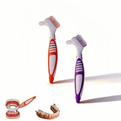 Denture Brush 2-Pack - Dual Head Denture Cleaner with Angled Bristles & Non-Slip Handle | Soft Nylon Brushes for Dentures, Retainers & Night Guards | Denture Care Kit for Seniors (orange/purple)