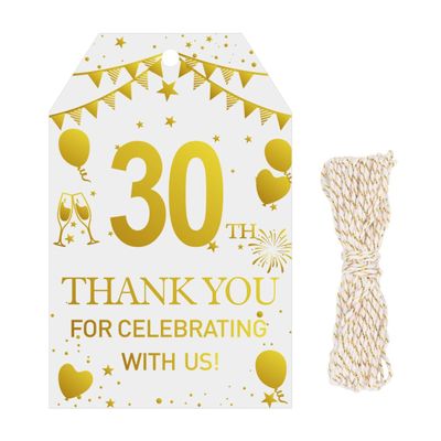 100 Pcs Gold Foil Thank You Tags with String Gift Wrap Tags for Birthday Party Anniversary Celebration Party (30th)