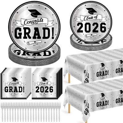 122 Pcs 2026 Graduation Plates and Napkins, Disposable Silver Grad Paper Tablware Serve 30, Class of 2026 Decorations Graduation Decorations, Congrats Grad for Kindergarten Grad Party Favors