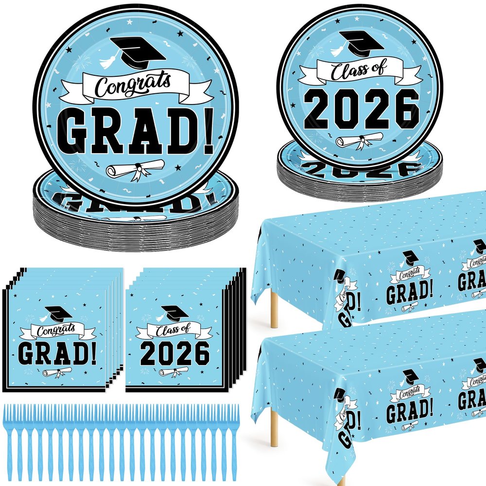 122 Pcs Graduation Plates and Napkins 2026 Serve 30, Disposable Graduation Decorations Class of 2026 Decorations, Skyblue Paper Plates and Napkins Forks Tablecloth Grad Tableware for Party Supplies