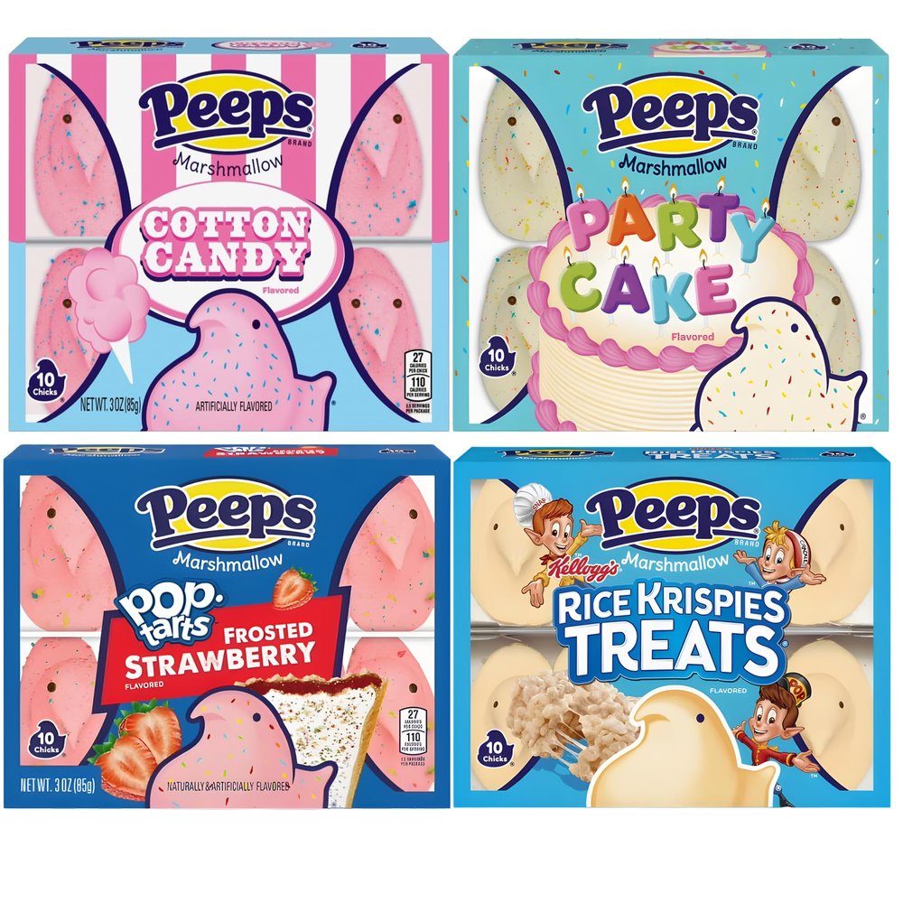 PEEPS Easter Marshmallow Candy Variety Pack, Flavored Marshmallow Chicks, Cotton Candy, Party Cake, Frosted Strawberry Tarts & Rice Krispies Treats, Pack of 4, 10ct Each (40 Chicks Total)