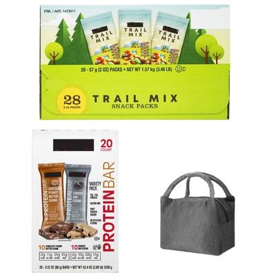 Trail Mix Packs 2 oz, 28-count Assorted Nuts Mix With Protein Bars Variety Pack Chocolate Peanut Butter & Cookies And Cream 2.2. oz 20 Count With A Scooply Lunchbox