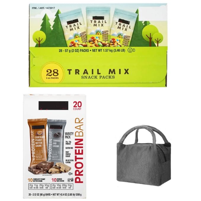 Trail Mix Packs 2 oz, 28-count Assorted Nuts Mix With Protein Bars Variety Pack Chocolate Peanut Butter & Cookies And Cream 2.2. oz 20 Count With A Scooply Lunchbox