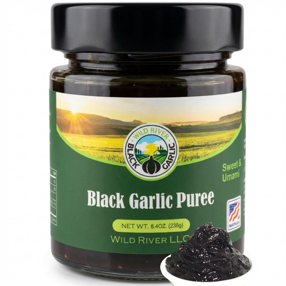 100% American Grown Black Garlic Puree, Wild River, Made in USA, Gilroy California Garlic, Umami Paste in Glass Jar 8.4 oz
