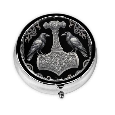 Mjolnir and Ravens Norse Mythology Symbol Circular Mini Organizer Case - Portable Metal Pill Box for Vitamins, Supplements