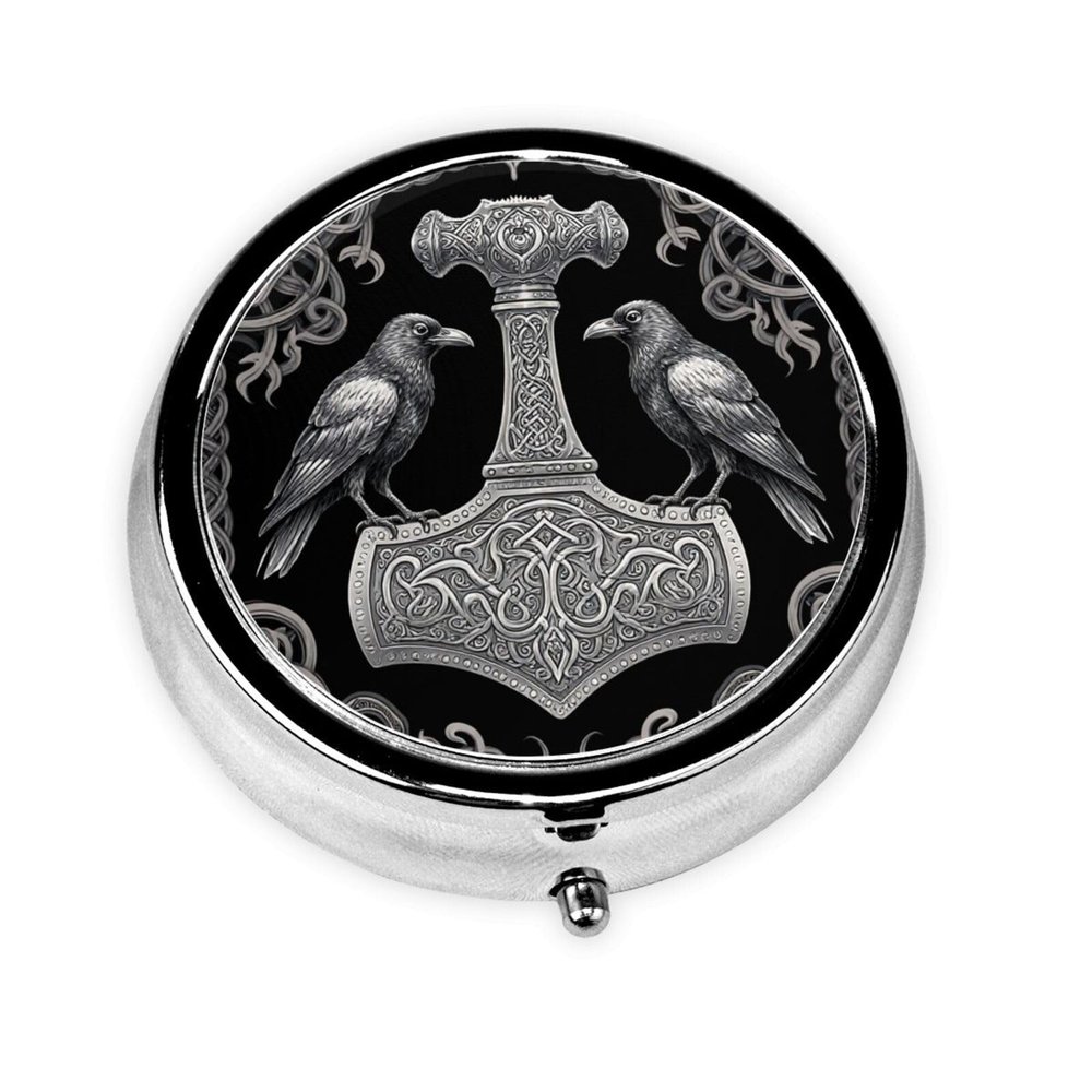 Mjolnir and Ravens Norse Mythology Symbol Circular Mini Organizer Case - Portable Metal Pill Box for Vitamins, Supplements