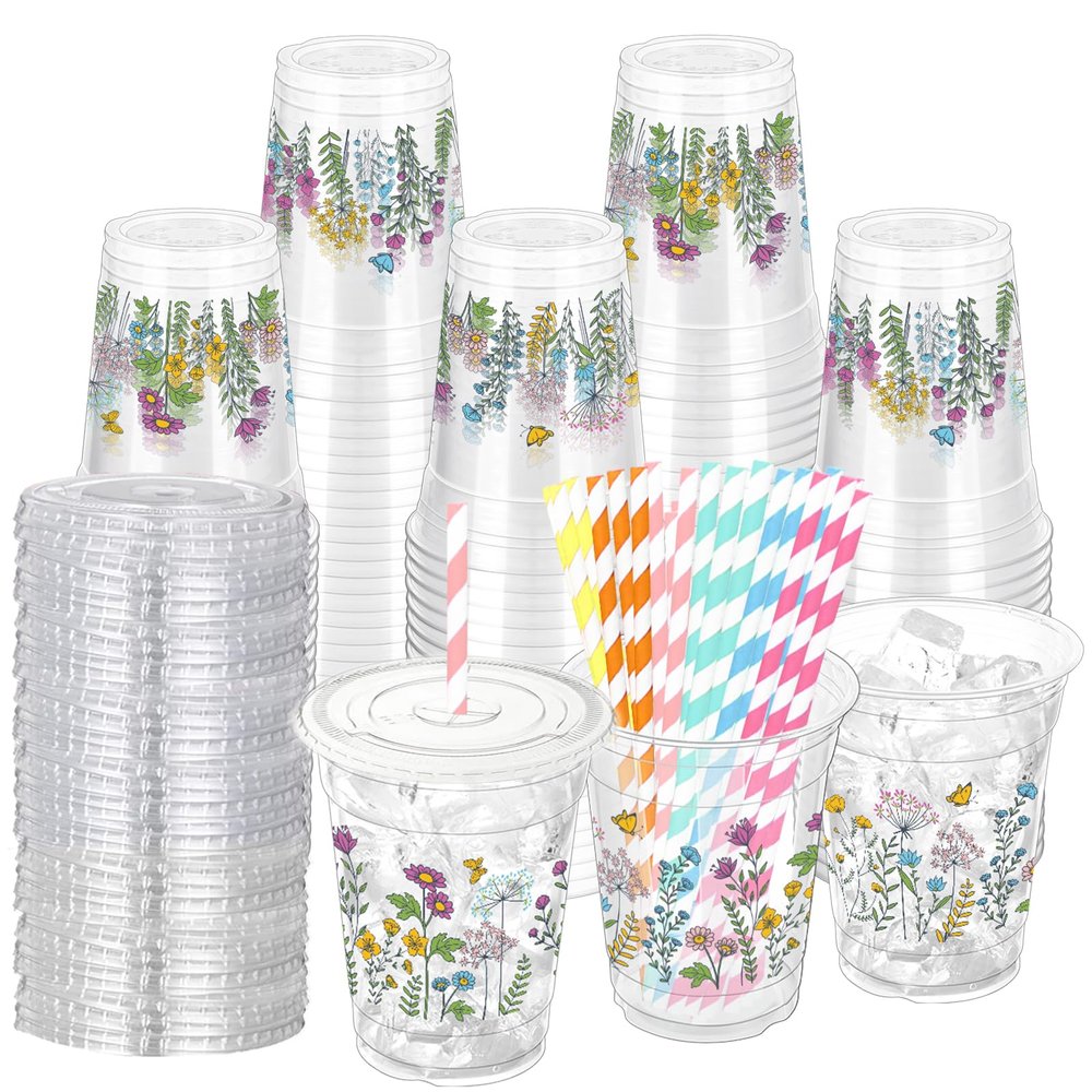 ZCPTZ 100 Sets Wildflower Plastic Cups with Straws & Lids 12 oz Floral Drinking Cups Flower Spring Disposable Cup for Wildflower Party Baby Shower Birthday Supplies