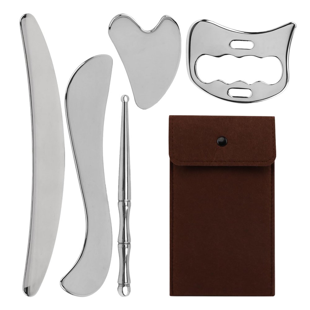 5 in 1 Stainless Steel Muscle Scraper Tools Set, GuaSha Scraping Massage Tools Fascia Release Scraper for Muscle Pain Relief of Neck Shoulder Leg Body, Birthday Gift for Men Women(COLOR:Silver)