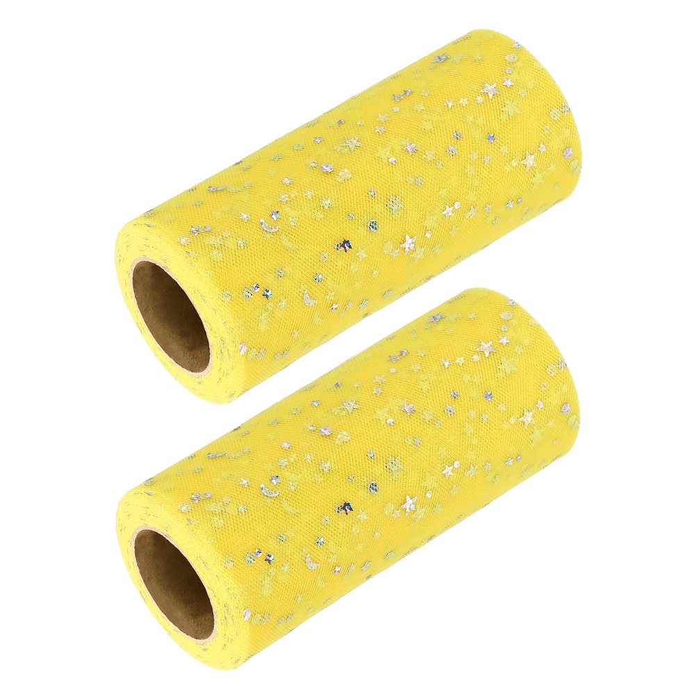 DEFANEX 2pcs Glitter Tulle Ribbon (6 Inch x 25 Yards) - Star Moon Pattern Wide Mesh Ribbon Sparkle Fabric Tulle Rolls, for DIY Tutu Skirt Bow Wedding Decor Gift Wrapping, Yellow