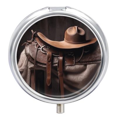 Horse Saddle with A Cowboy Hat Wild Round Metal Pill Box, 3 Compartments Portable Pill Case Mini Medication Organizer Travel Medication Holder to Hold Vitamins, Medication, Fish Oil