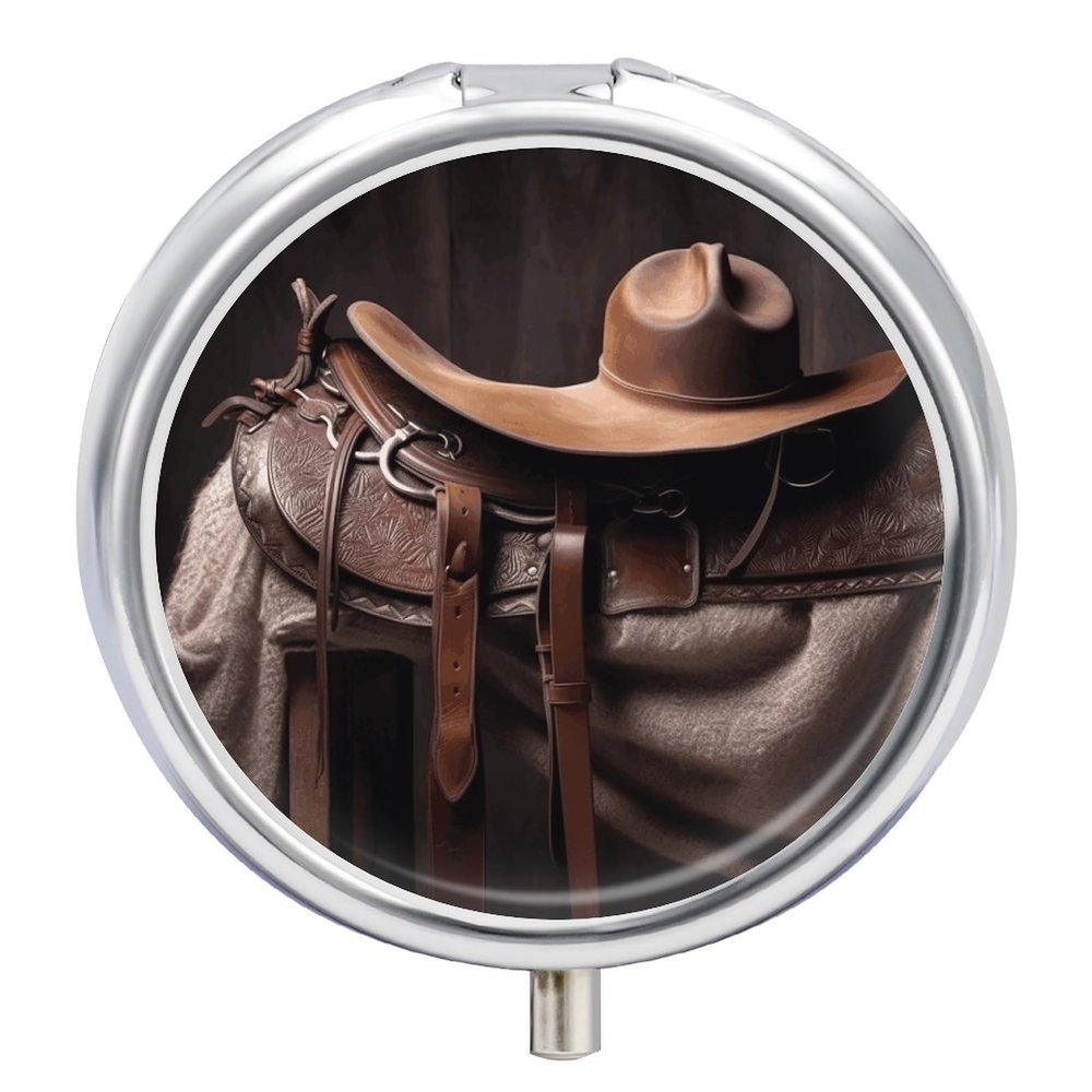 Horse Saddle with A Cowboy Hat Wild Round Metal Pill Box, 3 Compartments Portable Pill Case Mini Medication Organizer Travel Medication Holder to Hold Vitamins, Medication, Fish Oil