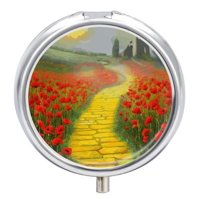 Poppies Field Yellow Brick Road Round Metal Pill Box, 3 Compartments Portable Pill Case Mini Medication Organizer Travel Medication Holder to Hold Vitamins, Medication, Fish Oil