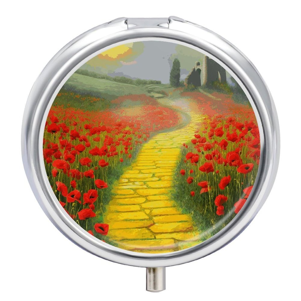 Poppies Field Yellow Brick Road Round Metal Pill Box, 3 Compartments Portable Pill Case Mini Medication Organizer Travel Medication Holder to Hold Vitamins, Medication, Fish Oil